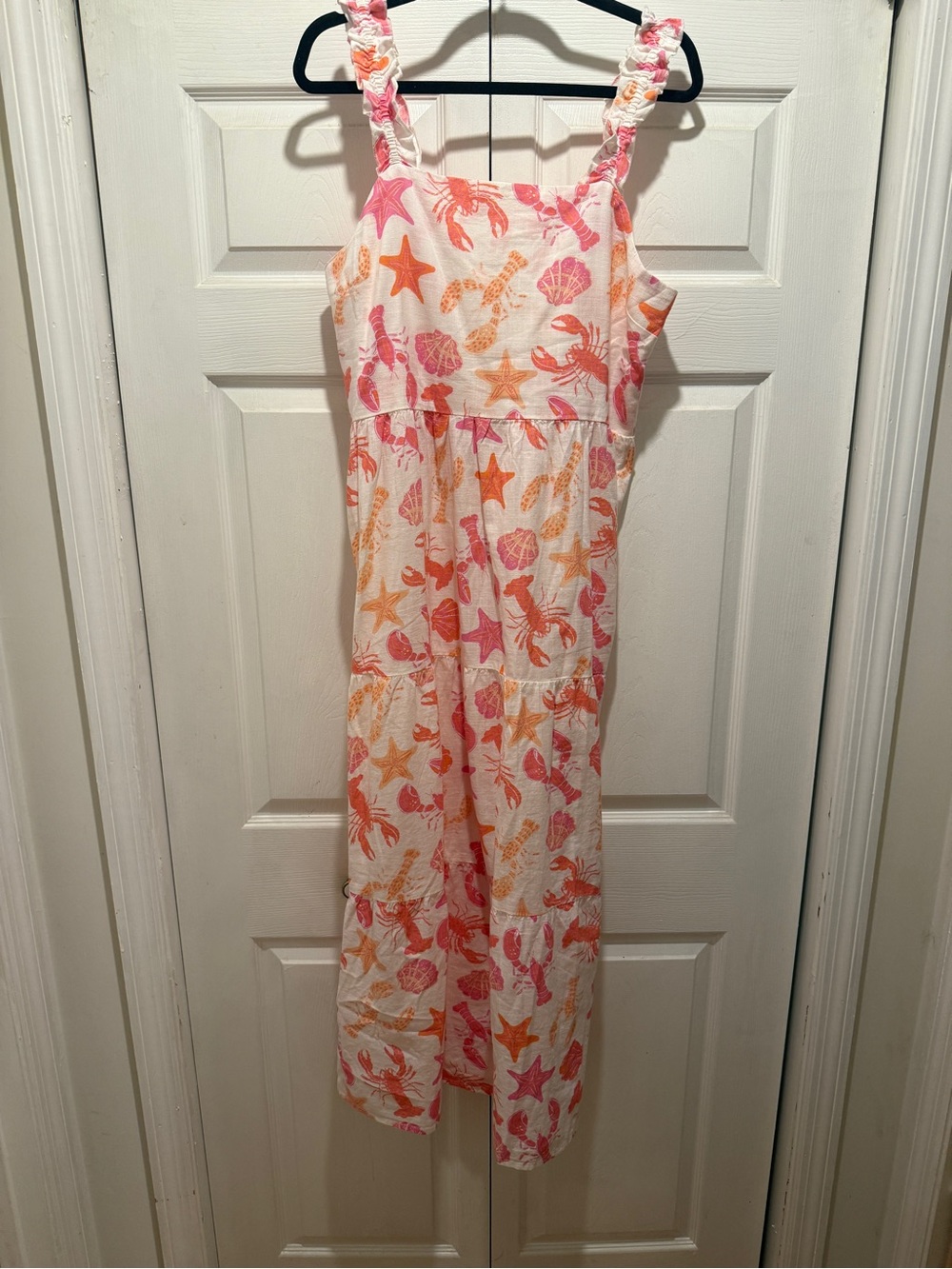 Girls' White Beach-Print Dress with Pink & Orange Shells